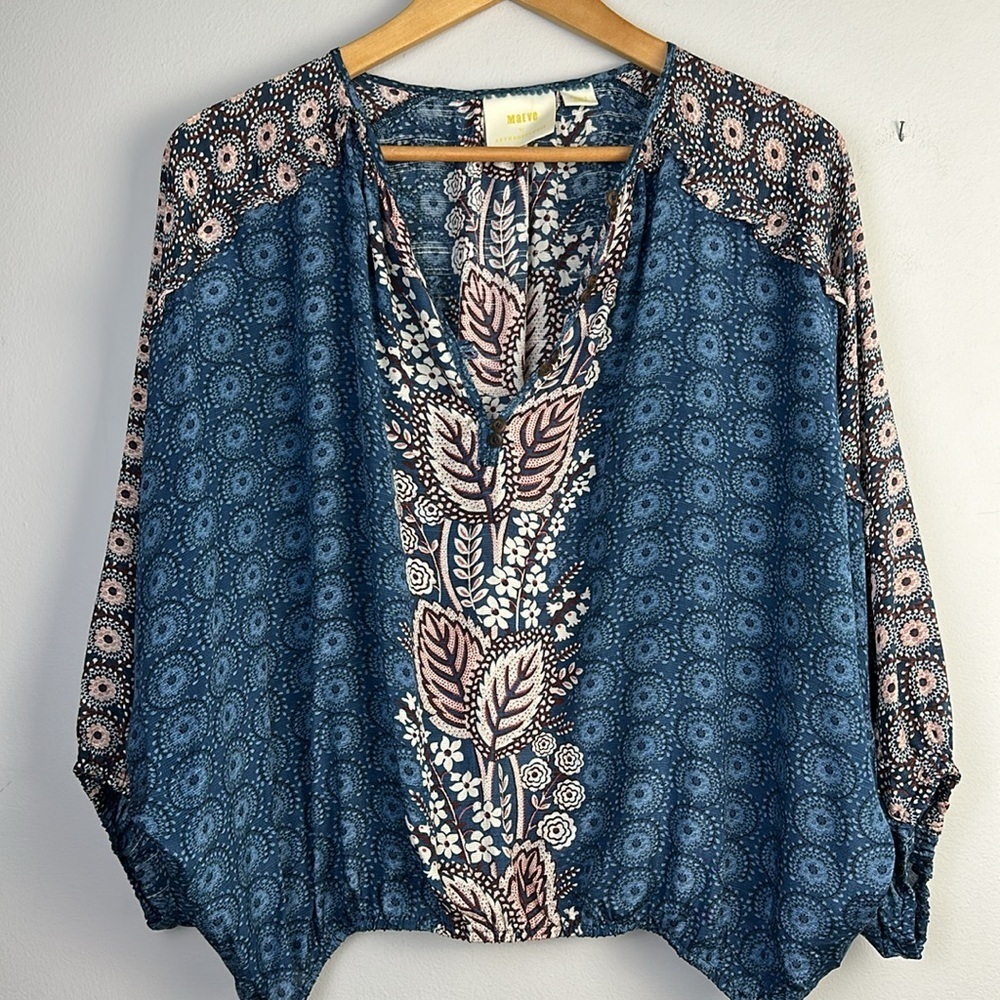 Anthropologie Maeve Letitia Ruffled Blouse Small Viscose 3/4 Sleeve Top Bohemian - Picture 2 of 16